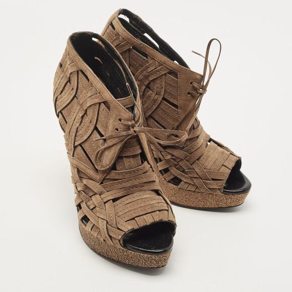Burberry Brown Suede Cork Platform Peep Toe Ankle Booties Size 38.5 - Picture 4 of 4